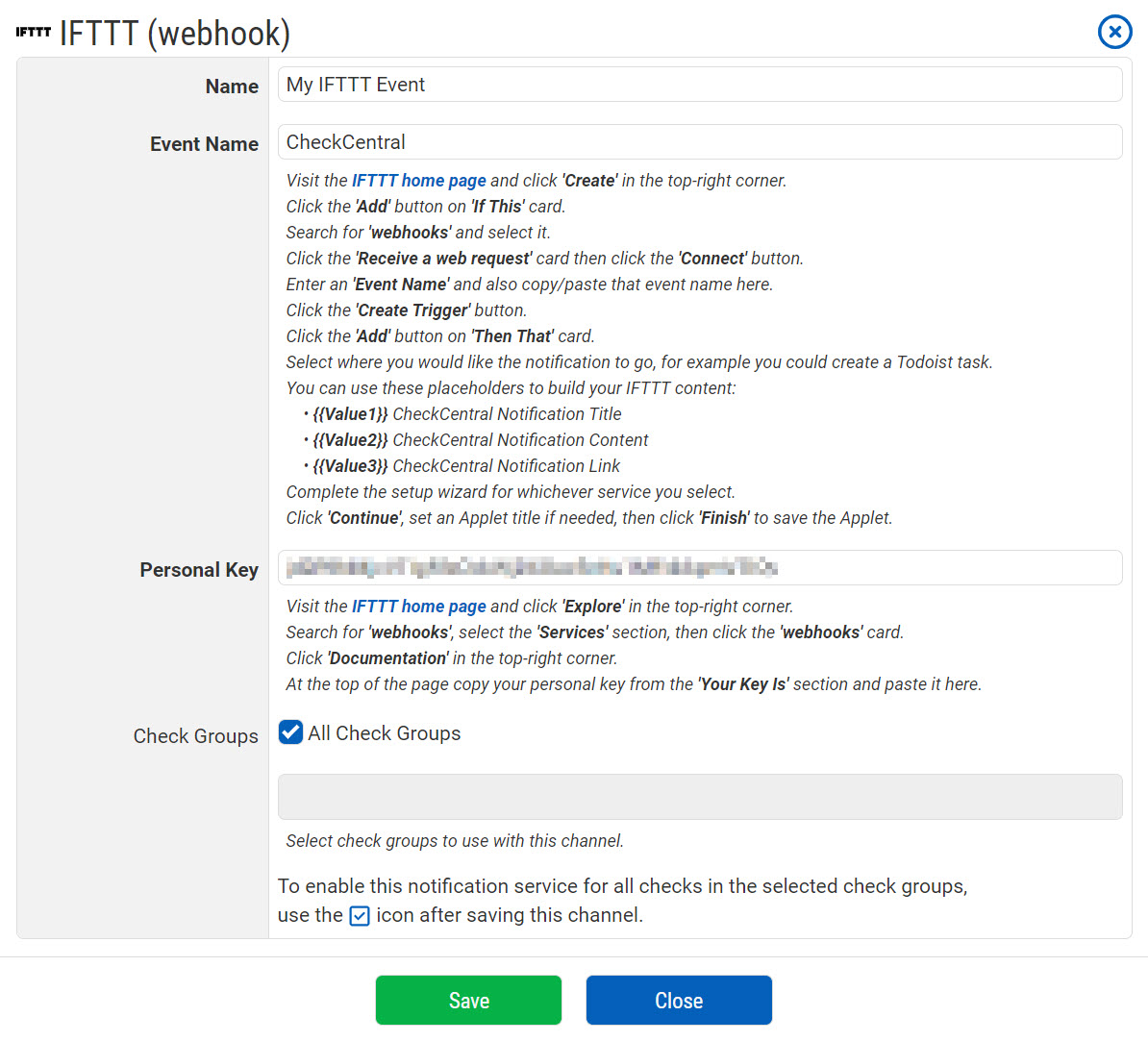 IFTTT Notification Configuration